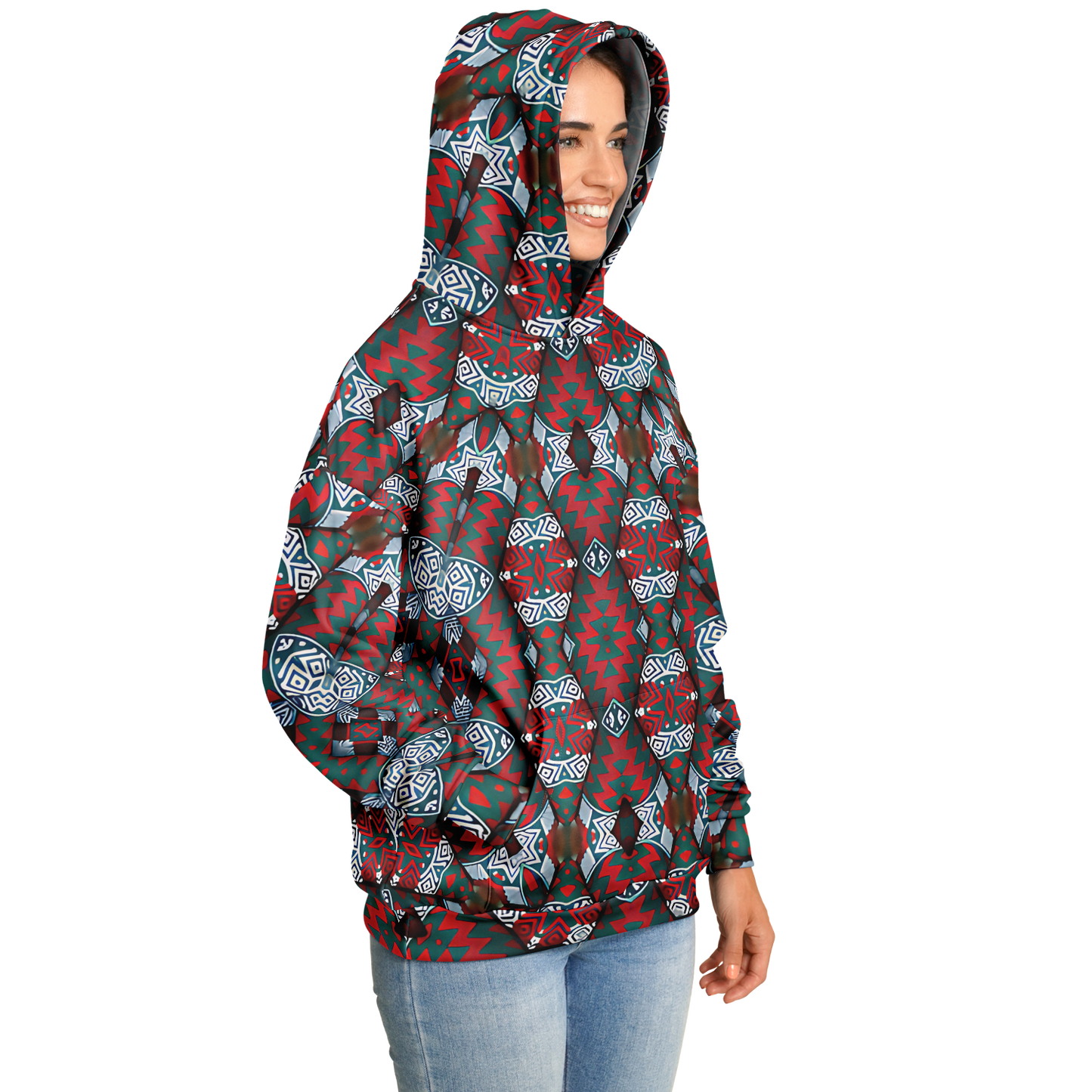 Women's Red & Teal Geometric Pattern Heavyweight Oversized Hoodie