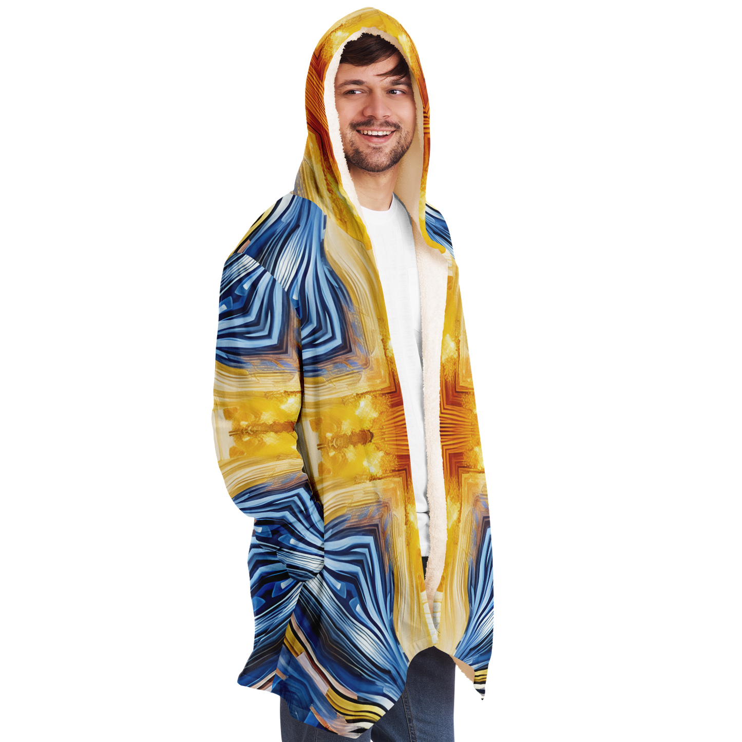 Men’s Bright Orange & Blue Abstract All Over Print Microfleece Cloak