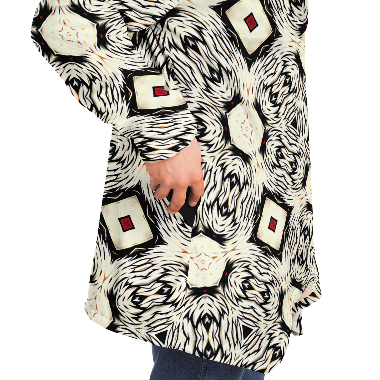 Men's Black & Cream Geometric Pattern All Over Print Microfleece Cloak