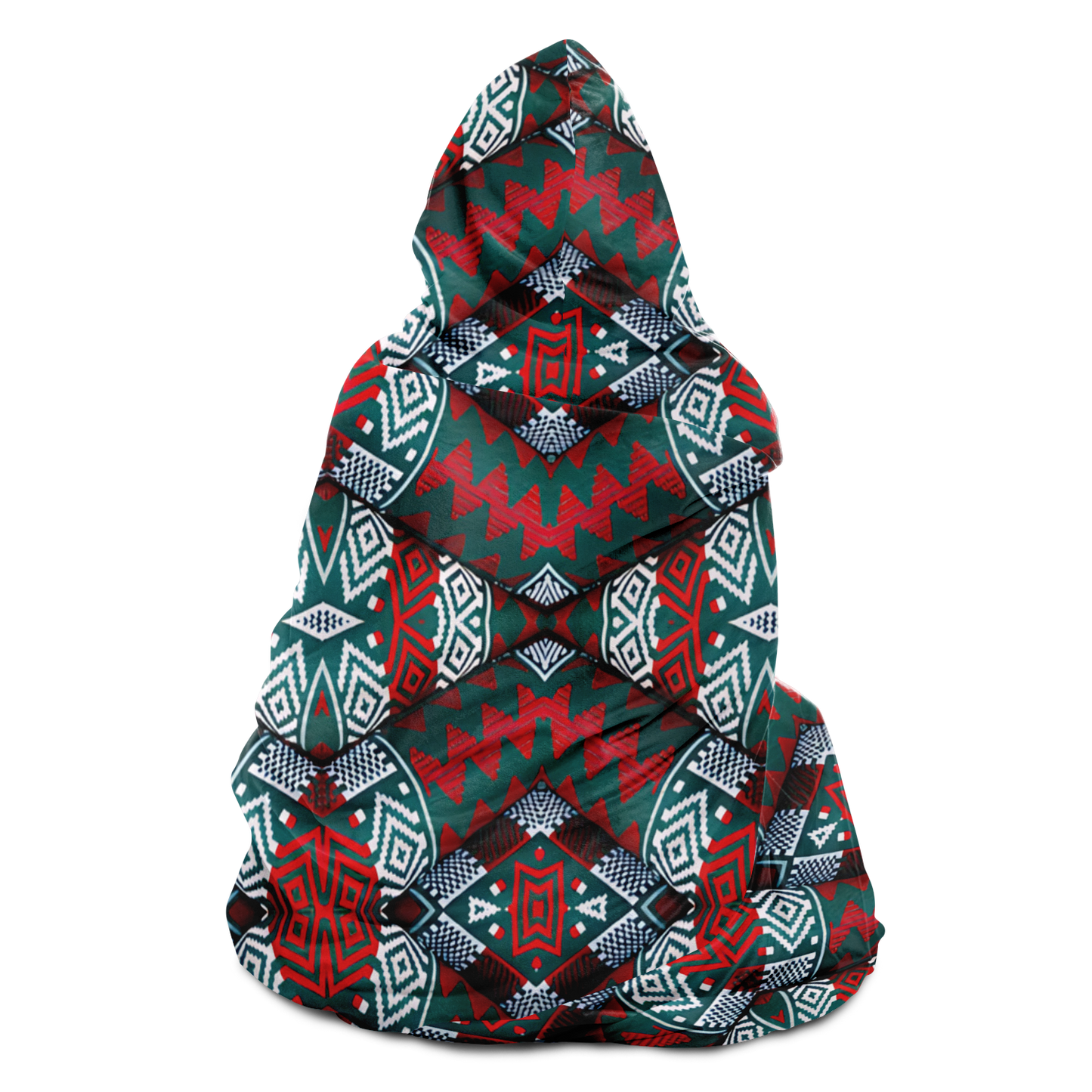Men's Red, Green & Teal Tribal Geometric Pattern All-Over Print Hooded Blanket Sherpa