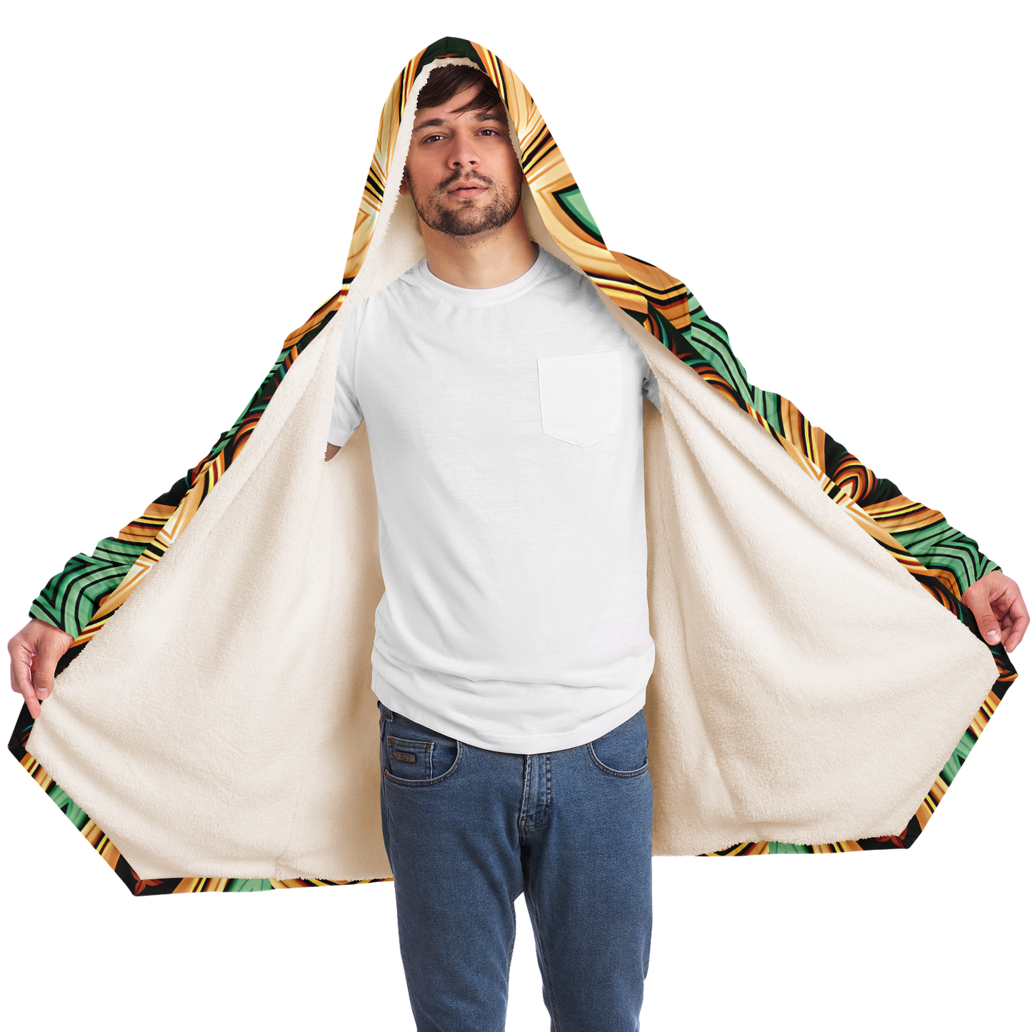 Men's  Green & Gold Retro Kaleidoscope Pattern Microfleece Cloak