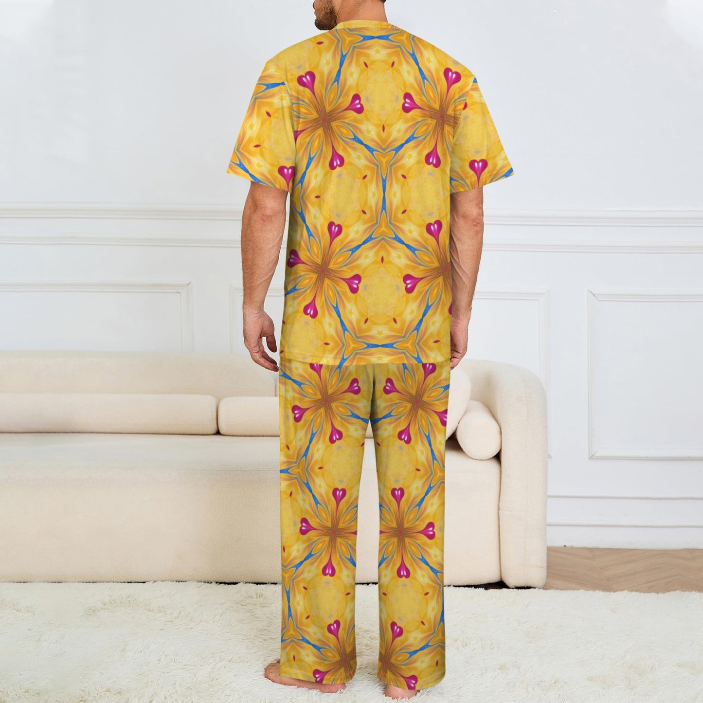 Men's Golden Vibrant  Floral Pattern All-Over Print Crew Neck Pajama Set