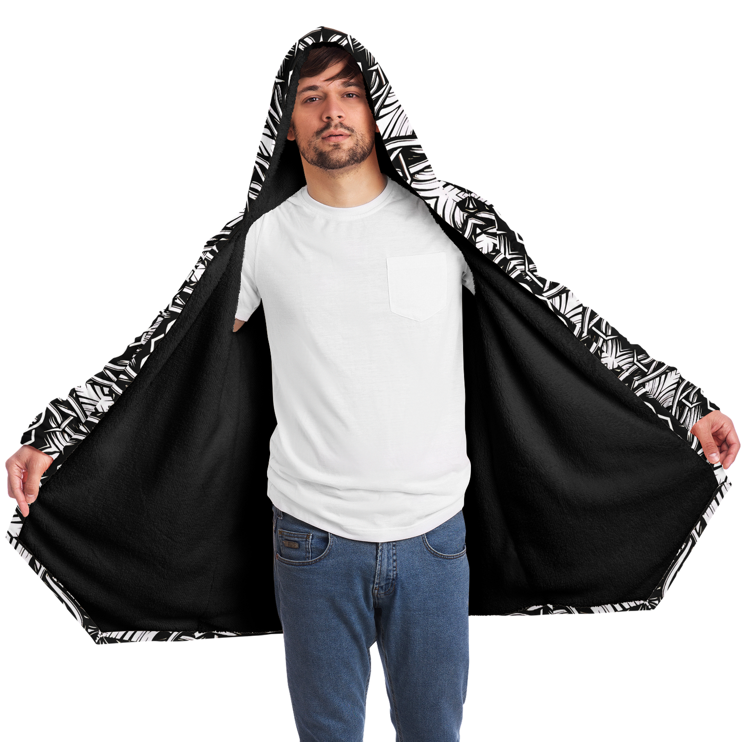 Men’s Black Intricate Silver Chain Tattoo Pattern High Microfleece Cloak