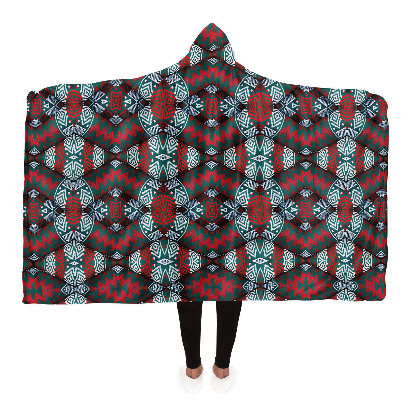 Women's Red, Green & Teal Tribal Geometric Pattern All-Over Print Hooded Blanket Sherpa