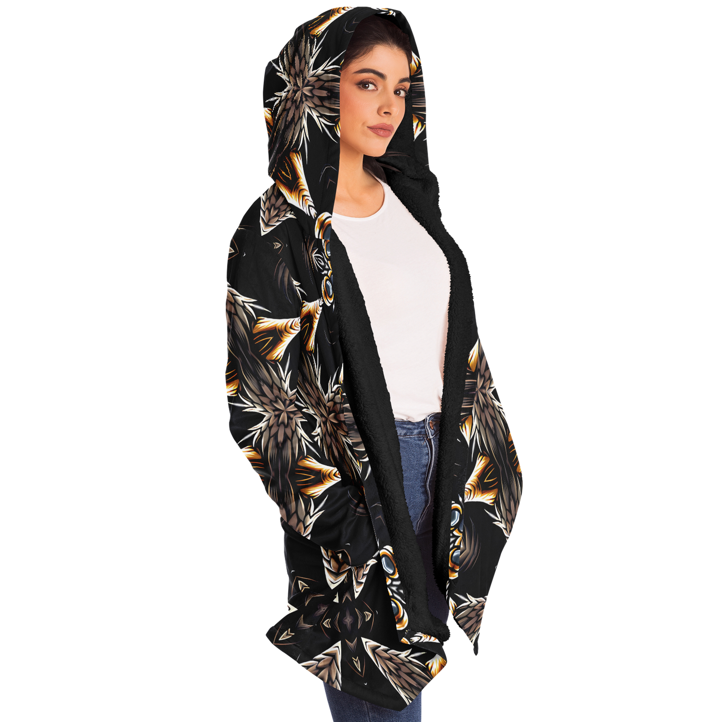 Women's Geometric Black & Gold Kaleidoscope Print Microfleece Cloak