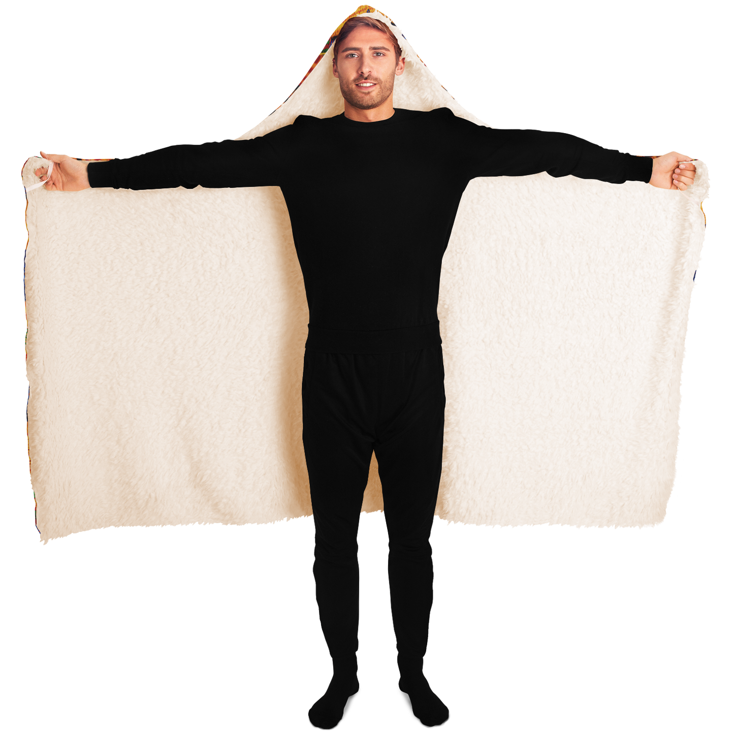 Men's Vibrant Orange & Blue Geometric Pattern Hooded Blanket Sherpa