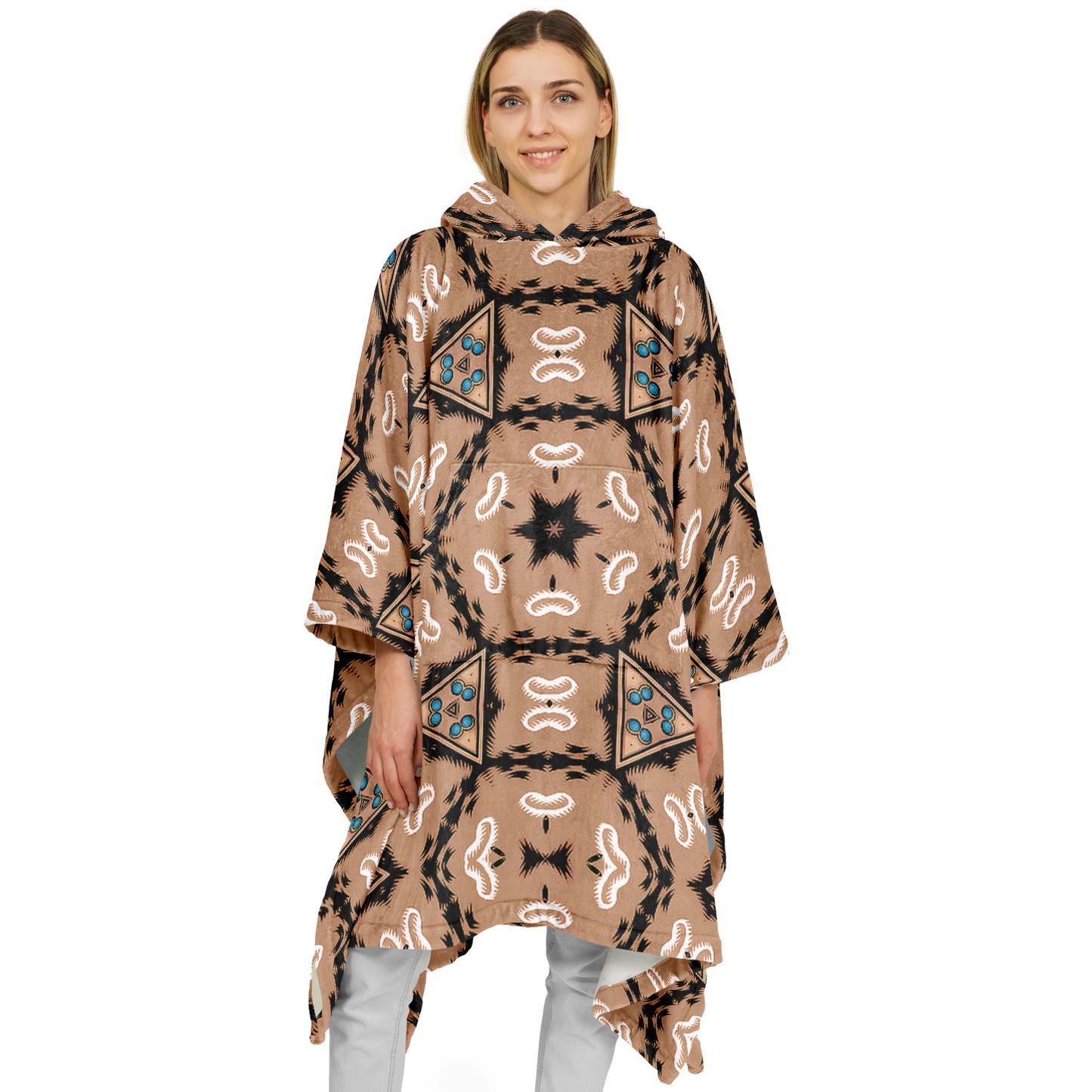 Women's Geometric Brown Kaleidoscope Pattern All Over Print Flannel Blanket Poncho