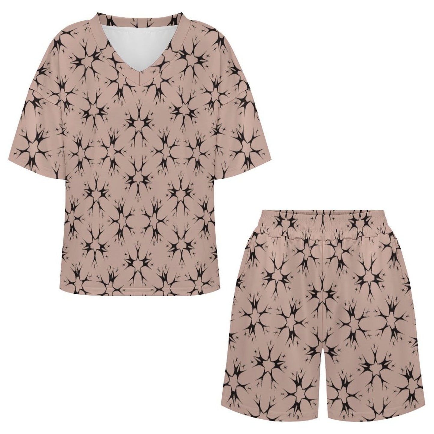 Women's Blush Pink Kaleidoscope Pattern All-Over Print V-Neck Short Sleeve Pajama Set