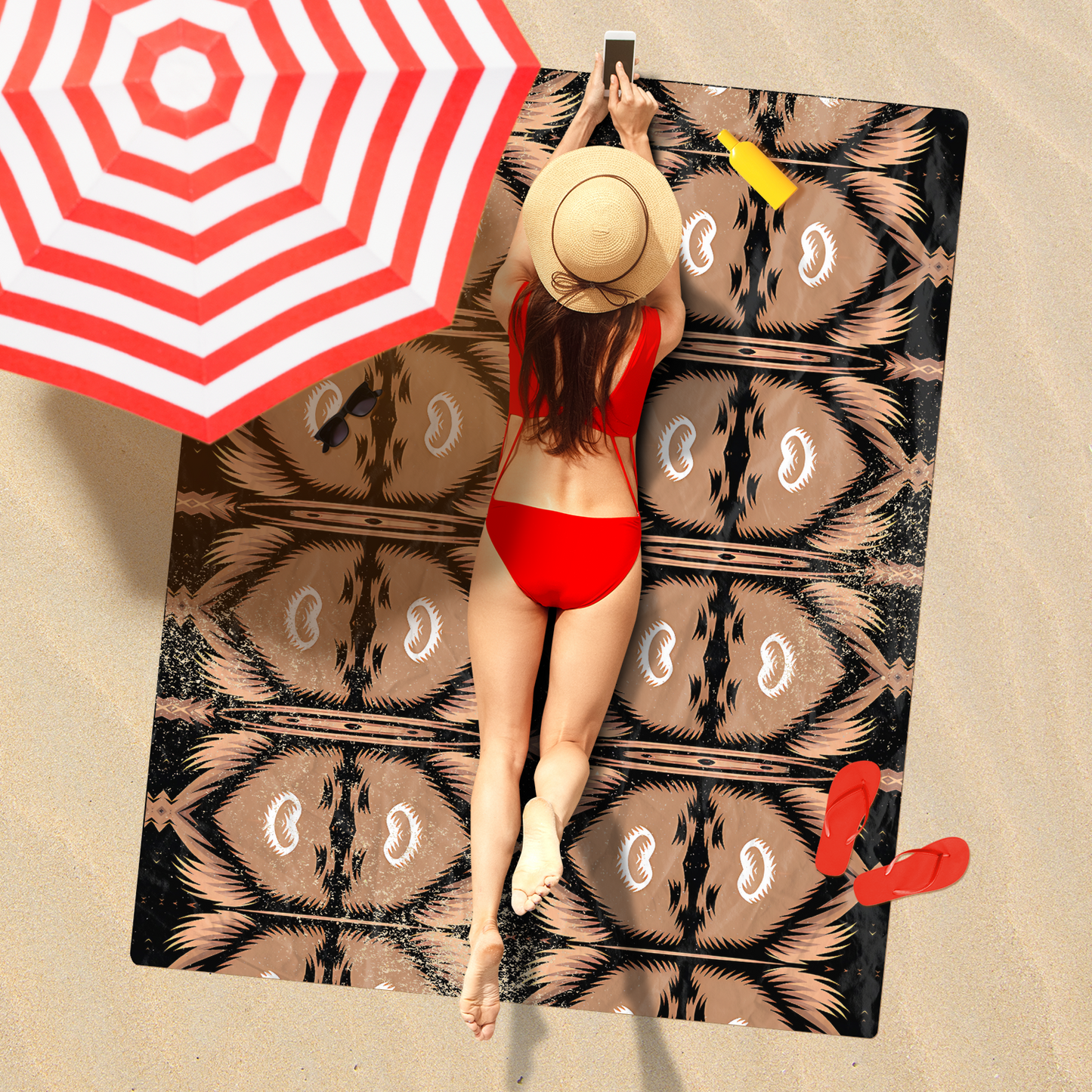 Brown Geometric Pattern All-Over Print Freeform Beach Towel