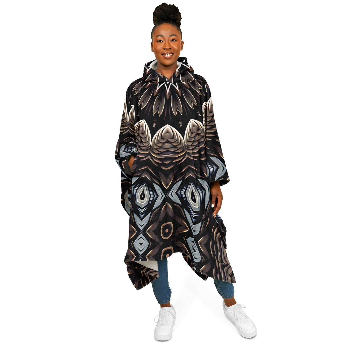 Women's Black & Taupe Kaleidoscope Floral Pattern Flannel Blanket Poncho All Over Print