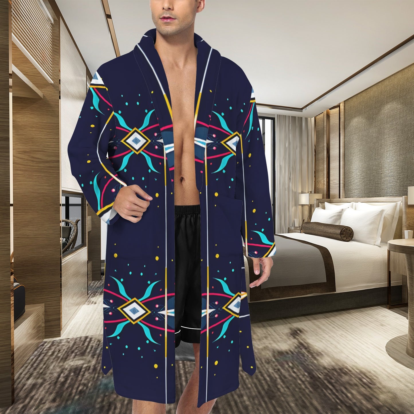Men's Abstract Neon Geometry Pattern All Over Print Men's Belted Sleep Robe