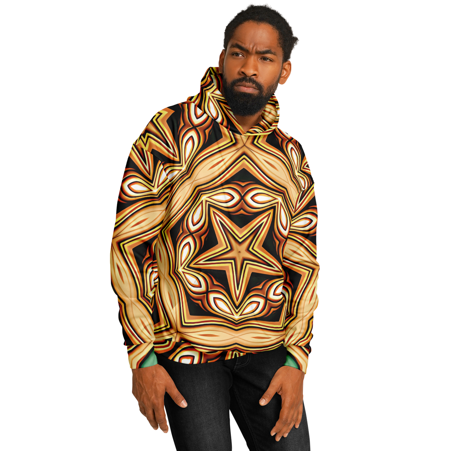 Men's Retro Geometric Brown & Teal Pattern Heavyweight Oversized Hoodie
