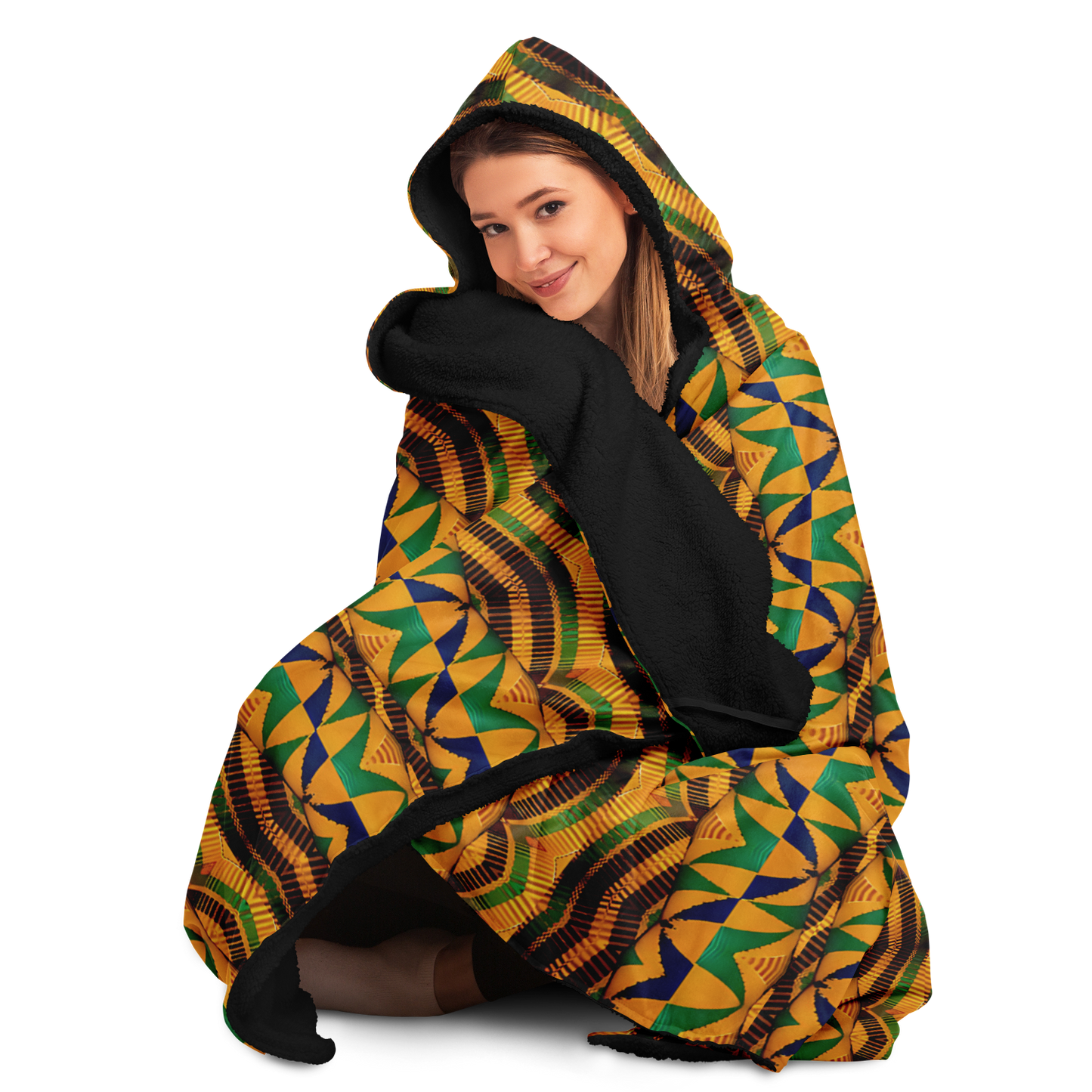 Women's African Kente Geometric Pattern All-Over Print Hooded Blanket Micro Fleece
