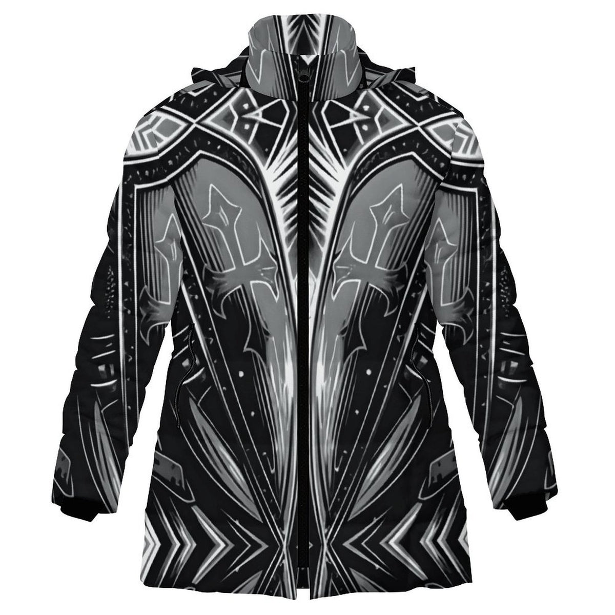 Women's Black & Silver Symmetry Pattern All-Over Print Hooded Puffer Coat