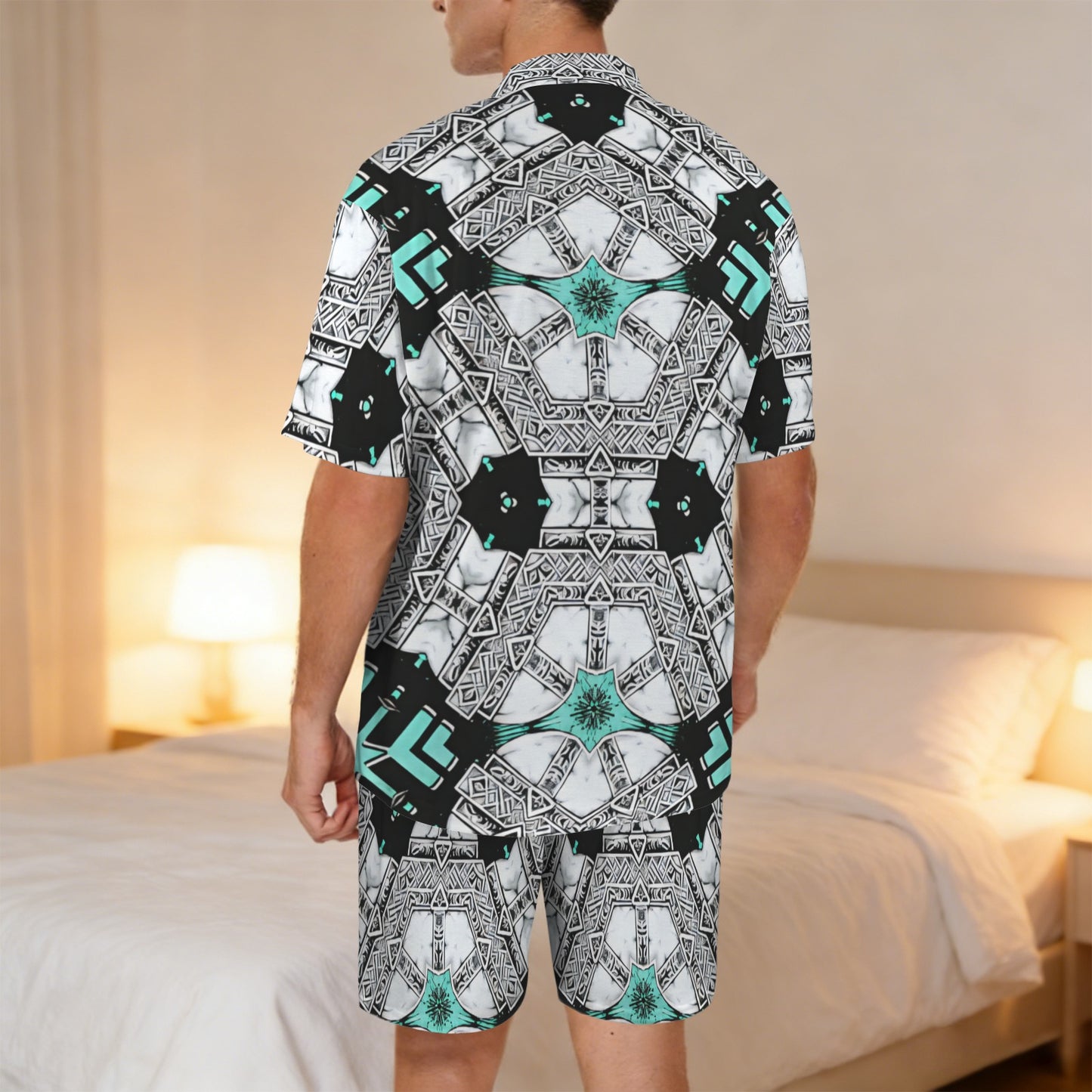 Men's Kaleidoscope Geo Pattern All Over Print V-Neck Short Pajama Set