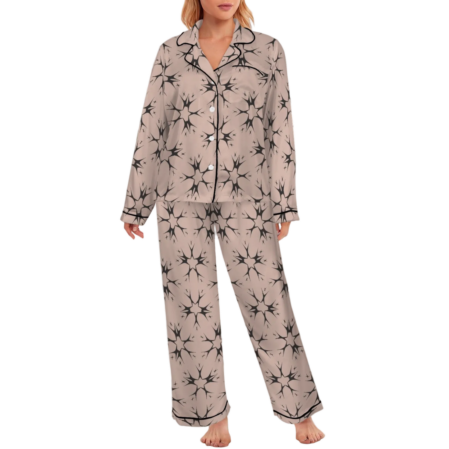 Women's Blush Pink Kaleidoscope Pattern All-Over Print Long Sleeve Satin Pajama Set