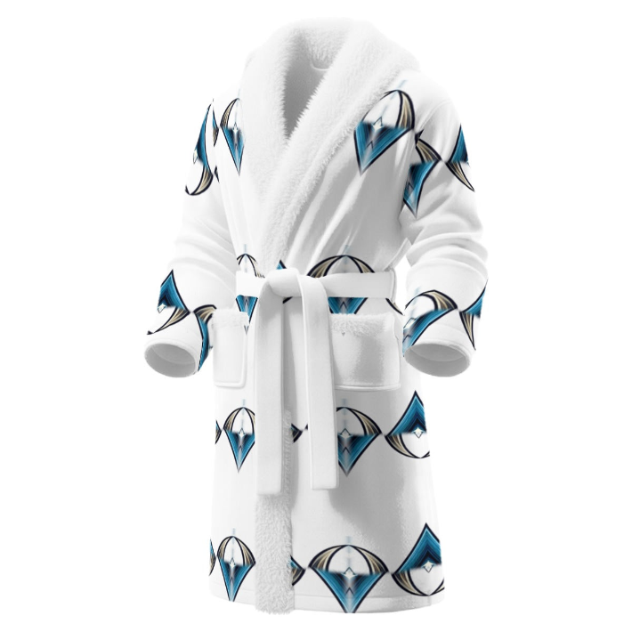Men's Blue Geometric Diamond Pattern Design Borg Fleece Bathrobe With Polyester Sherpa Fleece