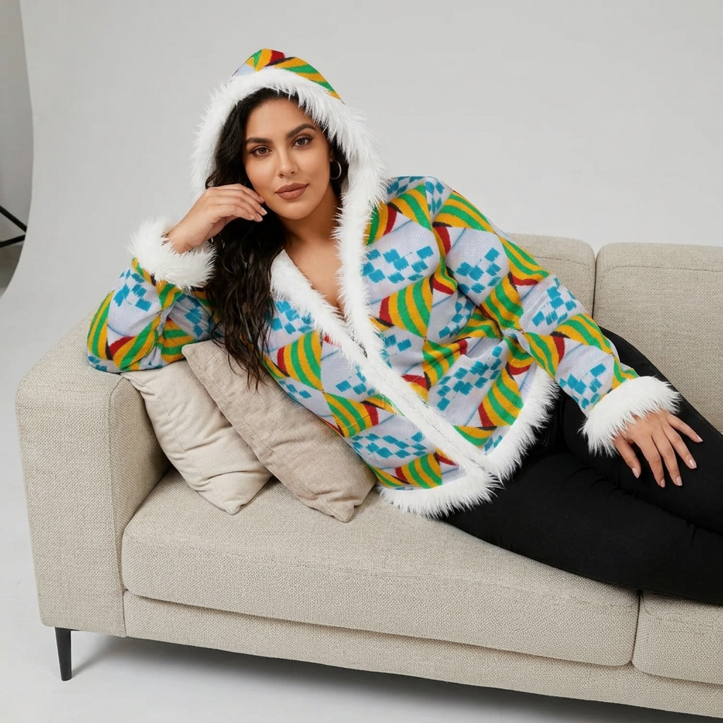 Women's African Kente Psychedelic Geometric Pattern Design A O P Faux Fur Trim Hooded Jacket /Velvet