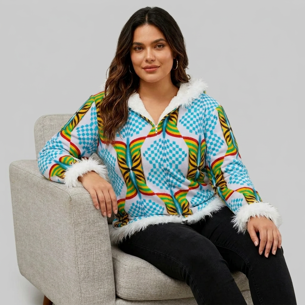 Women Geometric African Kente Checkerboard Rainbow Pattern Faux Fur Trim Hooded Jacket | Velvet