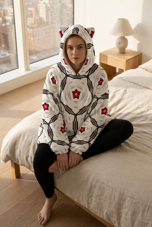Women's Geometric White Red Patterned Design Fleece Oversized Hoodie Blanket With Decorative Ears