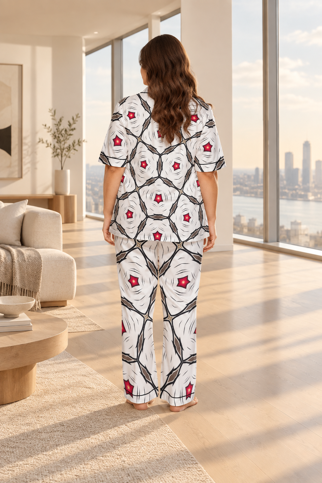Women's Geometric White Red Patterned Design All-Over Print Trousers Pajamas Set