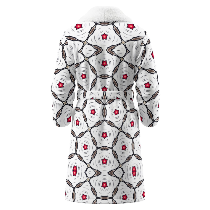 Men's Geometric White Red Patterned All-Over Print Borg Fleece Bathrobe With Polyester Sherpa Fleece