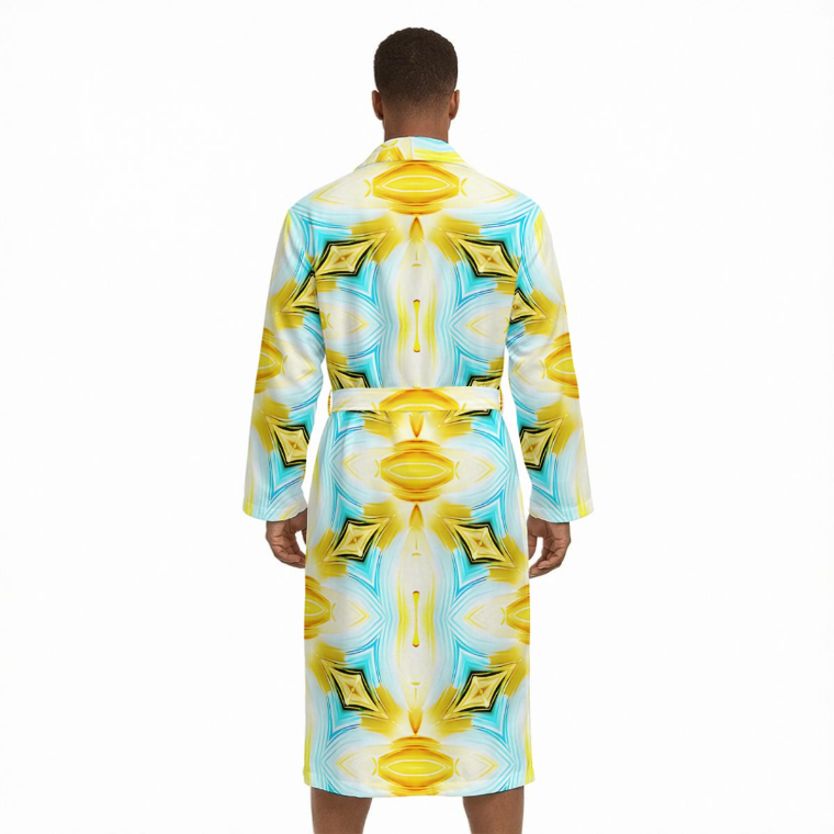 Men's Turquoise and Gold Geometric Pattern Design All Over Print Men’s Fleece-Lined Bathrobe with Belt