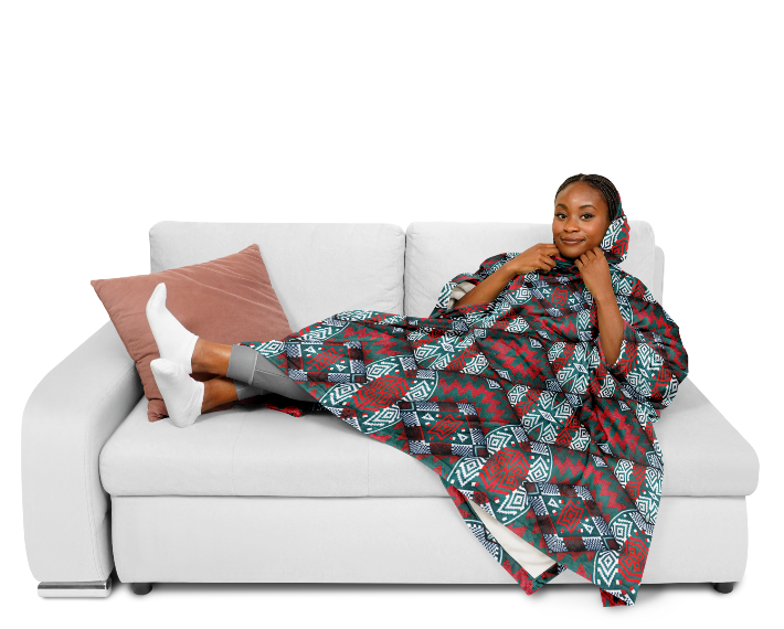 Women's Red, Green & Teal Tribal Geometric Pattern All-Over Print Flannel Blanket Poncho