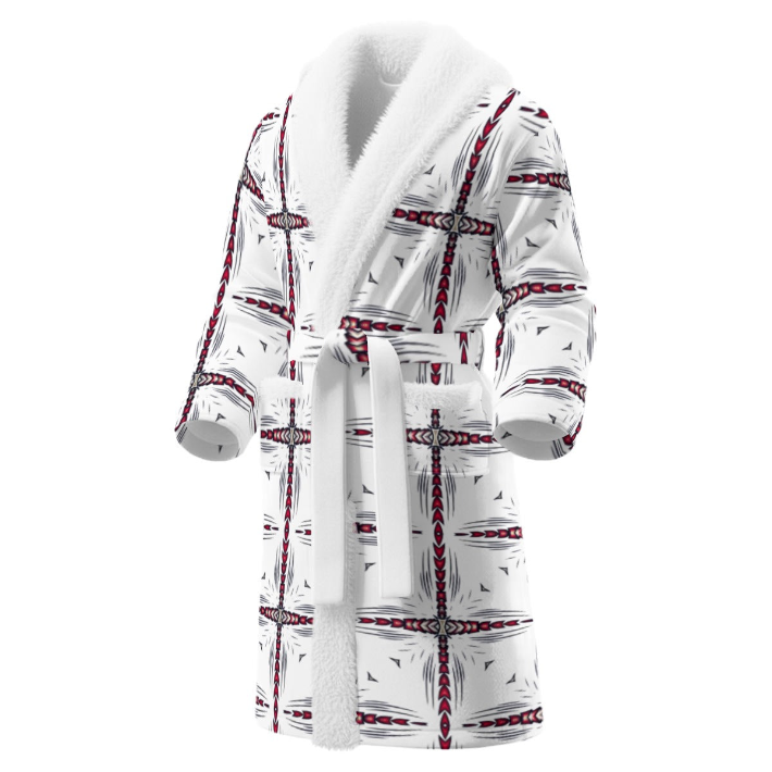 Men's Red & Black Cross Geometric Pattern All-Over Borg Fleece Bathrobe With Polyester Sherpa Fleece