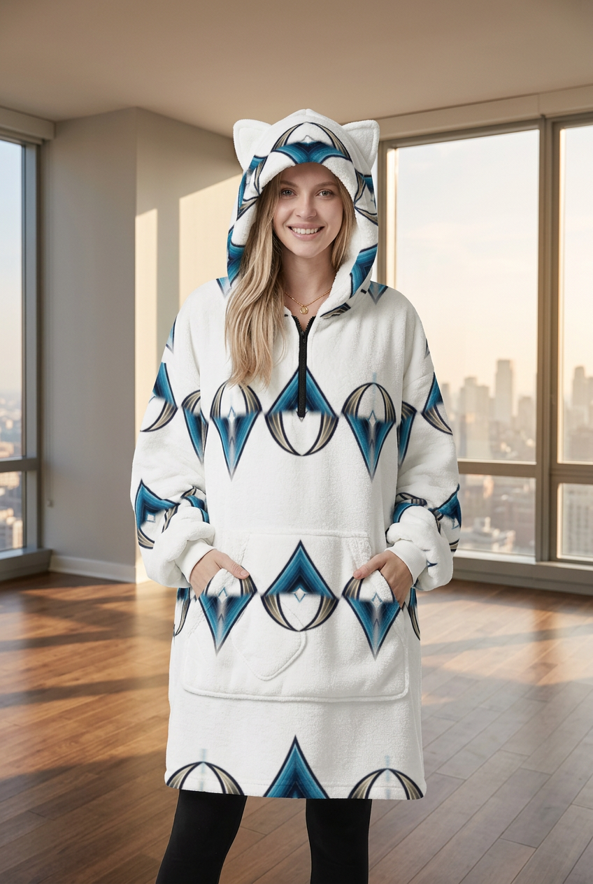 Women's Blue Geometric Diamond Pattern Design Fleece Oversized Hoodie Blanket With Decorative Ears