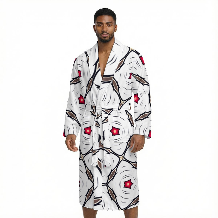Men’s Geometric White Red Patterned Design All-Over Print Fleece-Lined Bathrobe with Belt