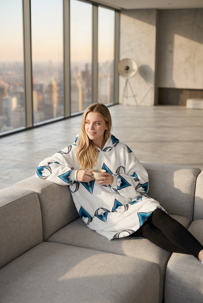 Women's Blue Geometric Diamond Pattern Design Fleece Oversized Hoodie Blanket With Decorative Ears