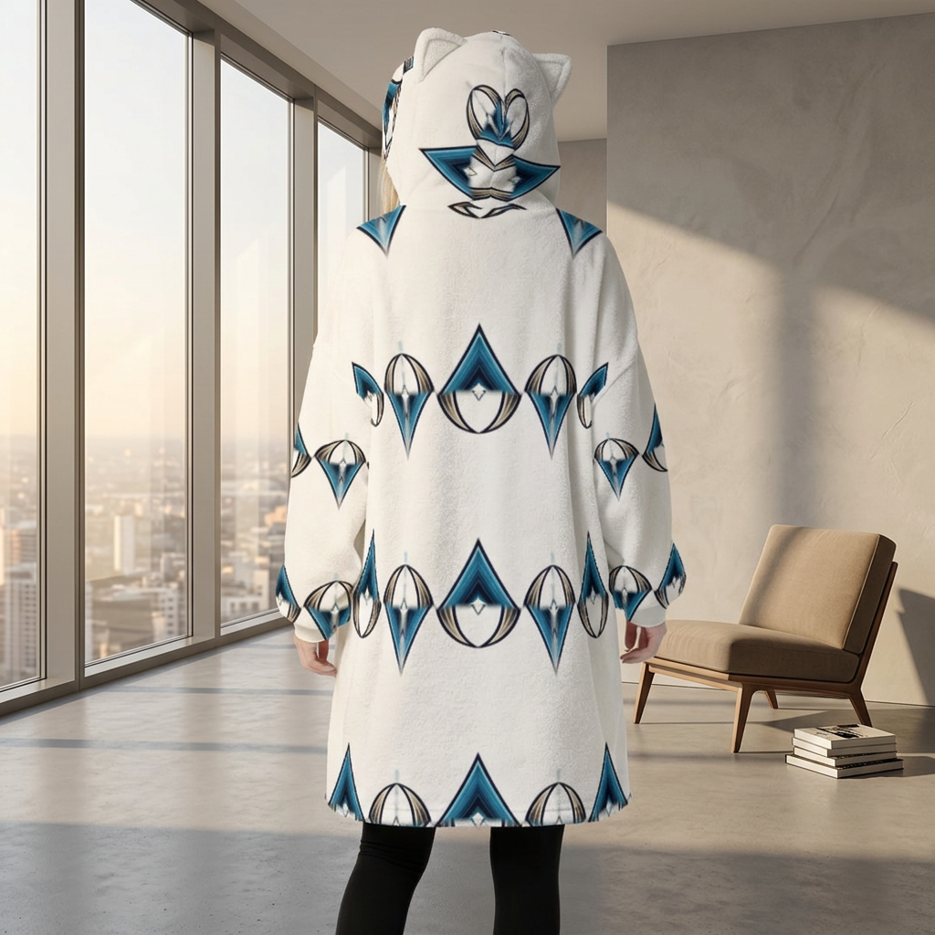 Women's Blue Geometric Diamond Pattern Design Fleece Oversized Hoodie Blanket With Decorative Ears