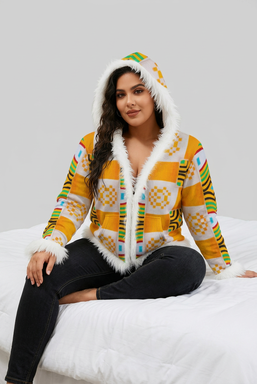 Women's Orange African Kente Abstract Pattern Design A O P Faux Fur Trim Hooded Jacket | Velvet