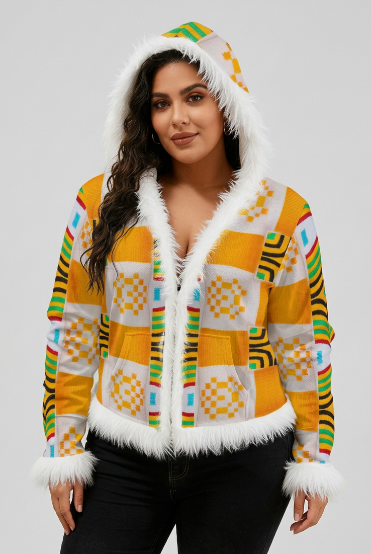 Women's Orange African Kente Abstract Pattern Design A O P Faux Fur Trim Hooded Jacket | Velvet