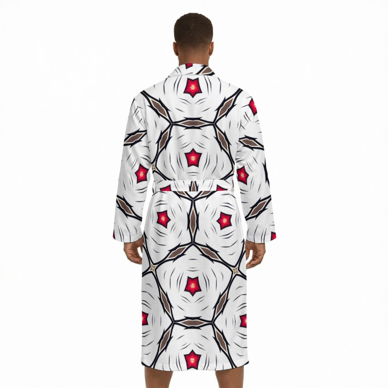 Men’s Geometric White Red Patterned Design All-Over Print Fleece-Lined Bathrobe with Belt