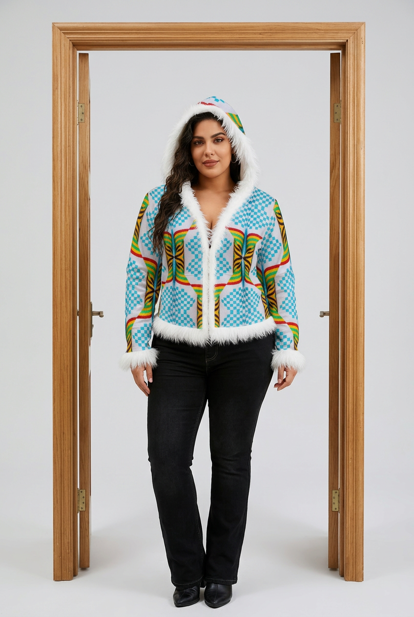 Women Geometric African Kente Checkerboard Rainbow Pattern Faux Fur Trim Hooded Jacket | Velvet