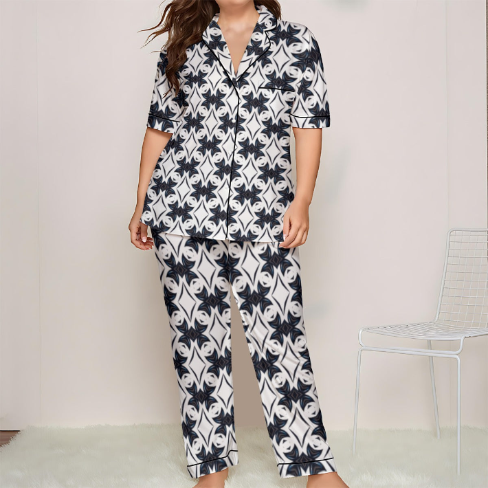 Women's Black & White Geometrics  Monochrome Pattern Design All Over Print Trousers Pajamas Set