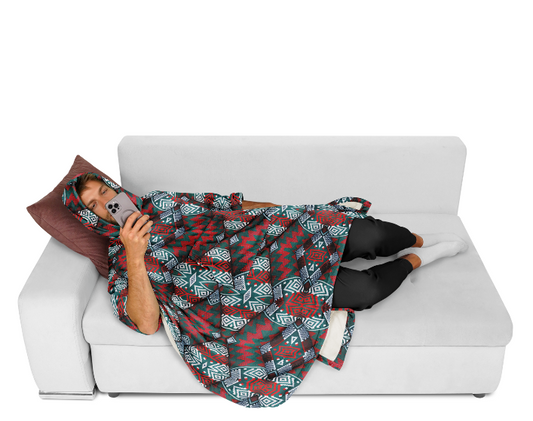 Men's Red, Green & Teal Tribal Geometric Pattern All-Over Print Flannel Blanket Poncho
