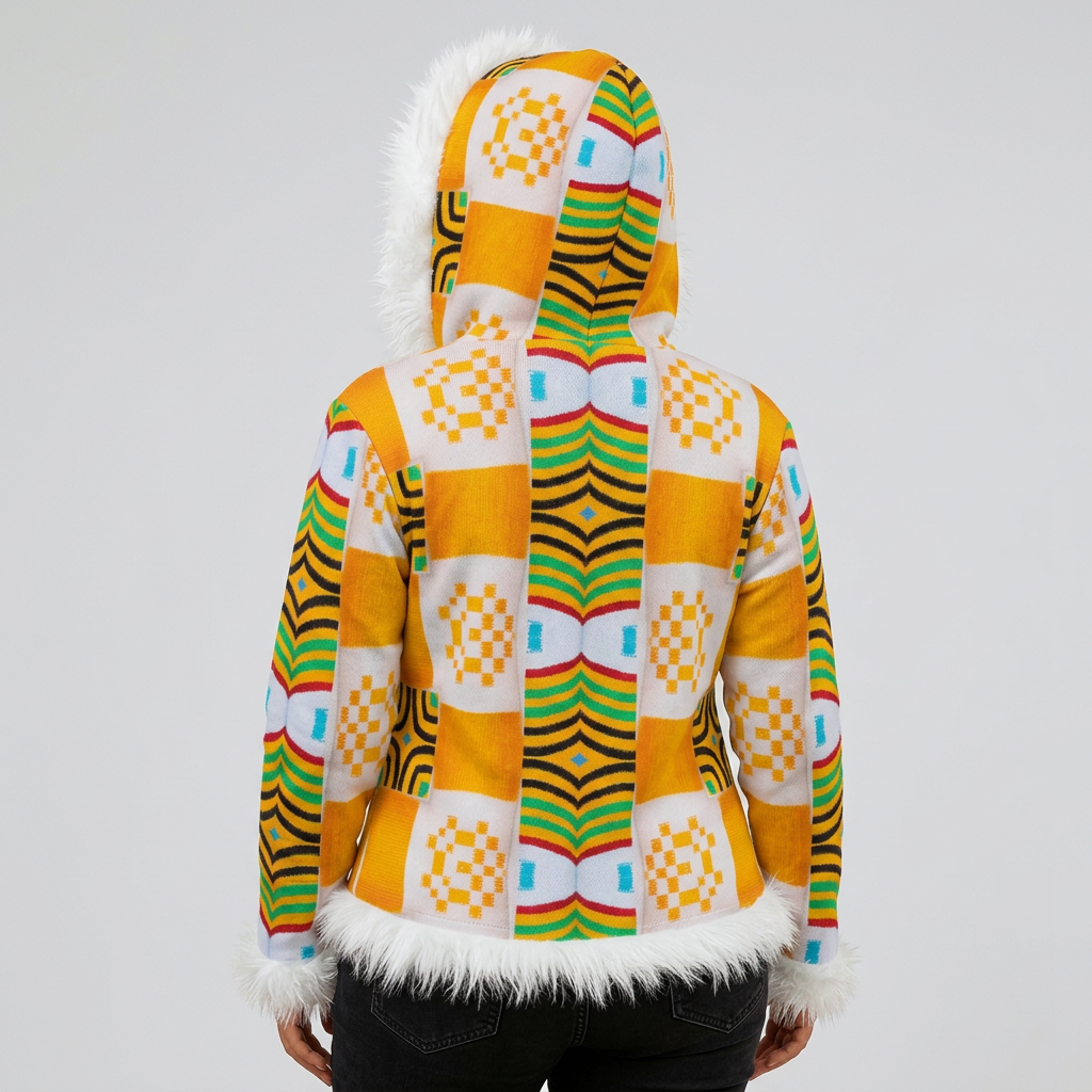 Women's Orange African Kente Abstract Pattern Design A O P Faux Fur Trim Hooded Jacket | Velvet