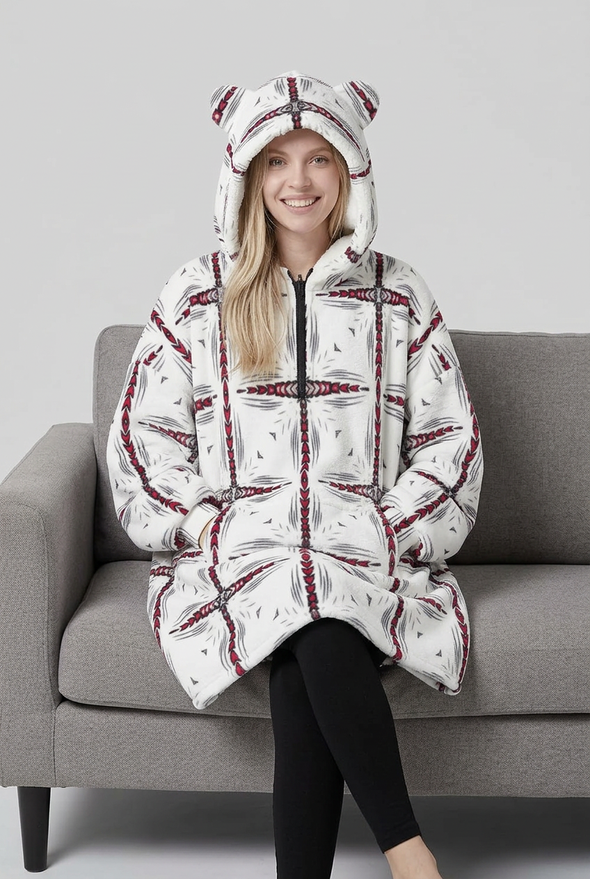 Women's Red & Gray Mosaic Pattern Design Fleece Oversized Hoodie Blanket With Decorative Ears