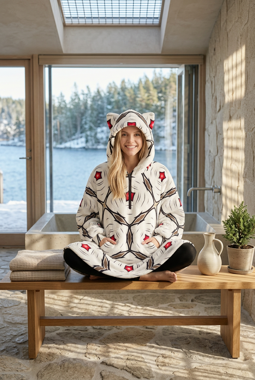 Women's Geometric White Red Patterned Design Fleece Oversized Hoodie Blanket With Decorative Ears