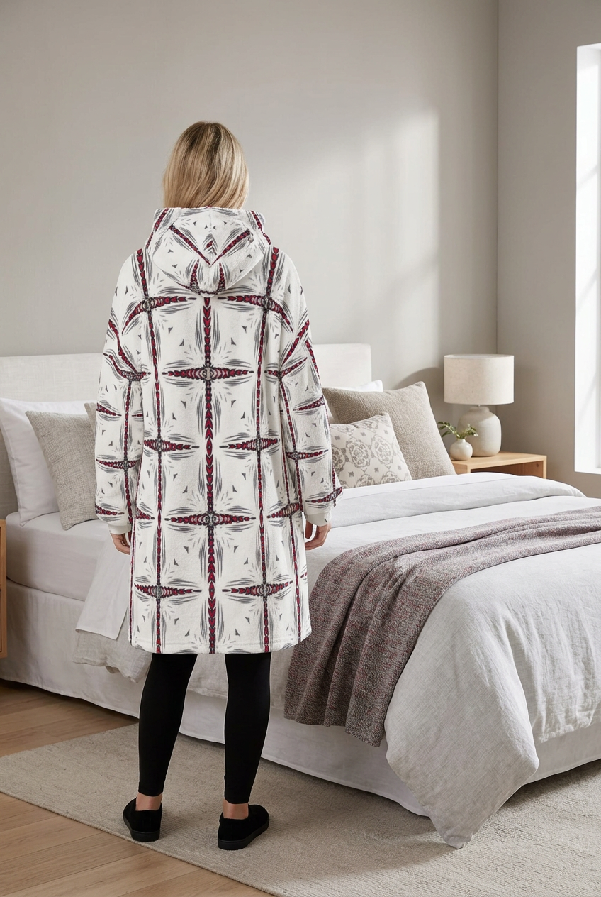 Women's Red & Gray Mosaic Pattern Design Fleece Oversized Hoodie Blanket With Decorative Ears
