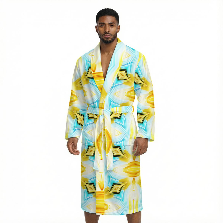 Men's Turquoise and Gold Geometric Pattern Design All Over Print Men’s Fleece-Lined Bathrobe with Belt