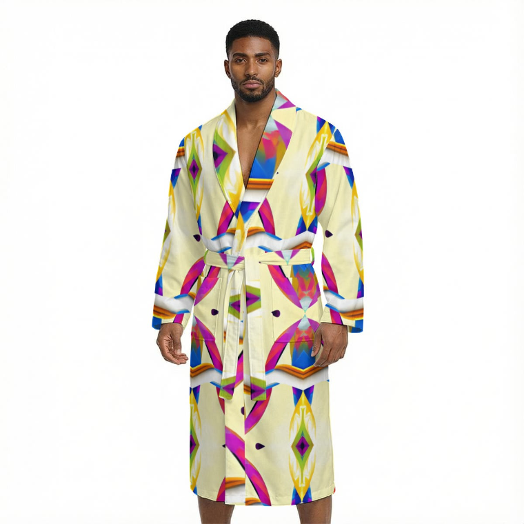 Men's Colorful Boho Pattern Design All Over Print Fleece-Lined Bathrobe with Belt