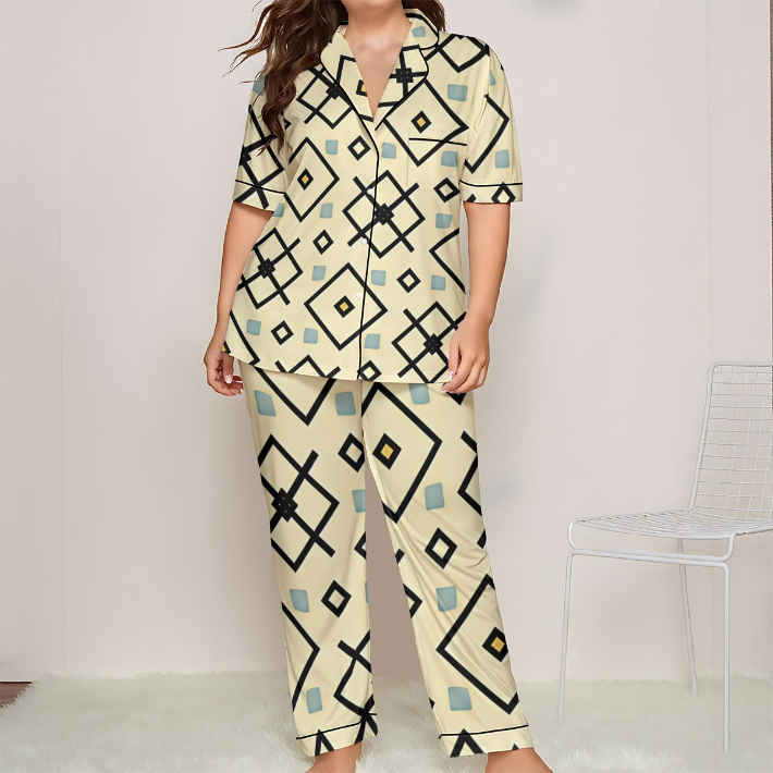 Women's Retro Cream Geometrics Diamond Pattern Design All Over Print Trousers Pajamas Set