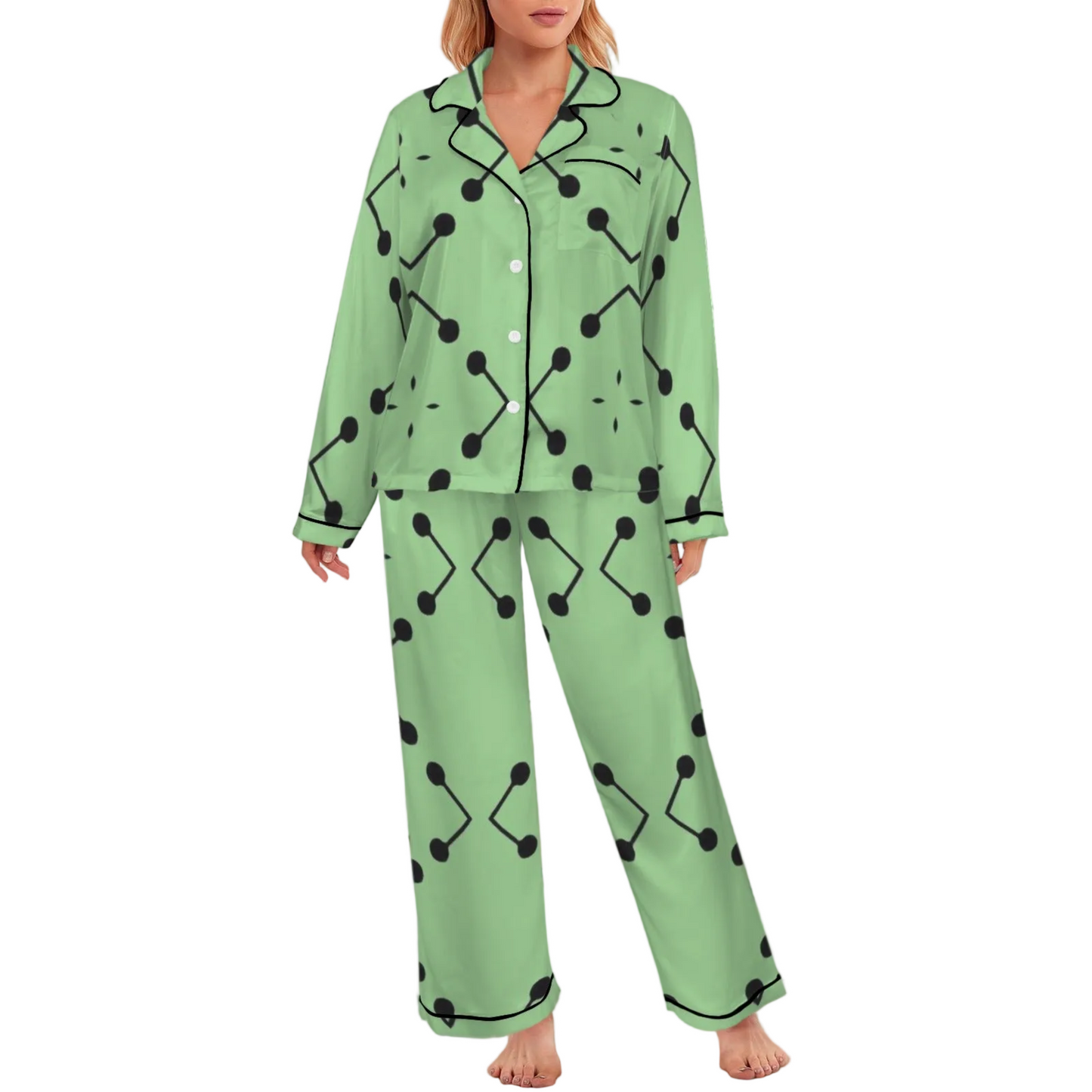 Women's Bold Green Geometric Black Dot-Node Pattern All-Over Print Long Sleeve Satin Pajama Set