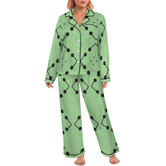 Women's Bold Green Geometric Black Dot-Node Pattern All-Over Print Long Sleeve Satin Pajama Set