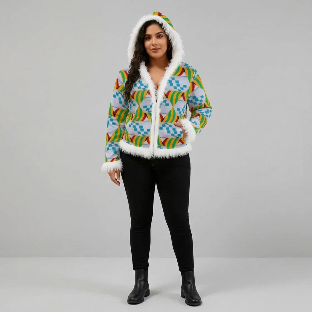 Women's African Kente Psychedelic Geometric Pattern Design A O P Faux Fur Trim Hooded Jacket /Velvet