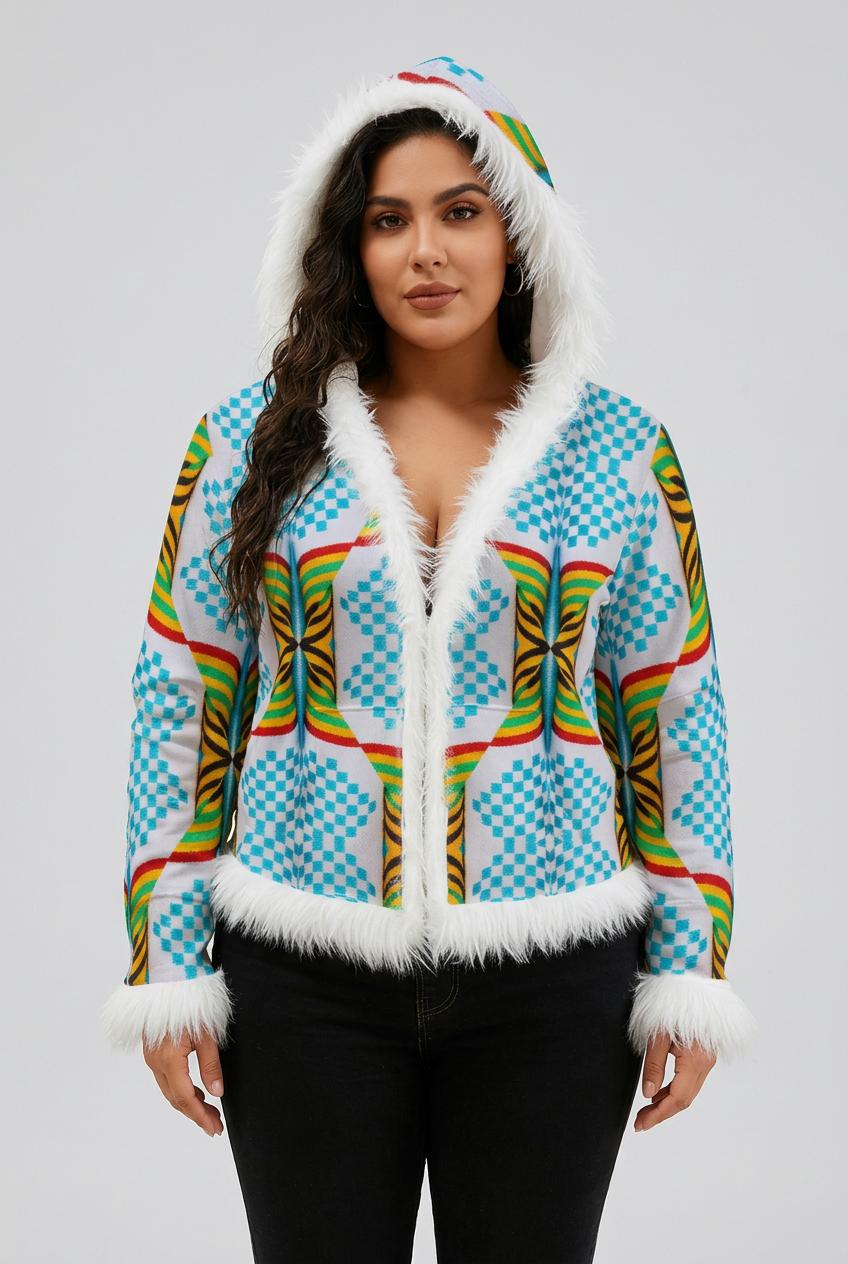 Women Geometric African Kente Checkerboard Rainbow Pattern Faux Fur Trim Hooded Jacket | Velvet